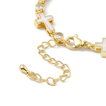 Bracelets en laiton micro pavé de zircone cubique, bracelet de chaîne de lien de croix de religion blanche de style d'émail pour des femmes, avec rallonge de chaîne et fermoir mousqueton