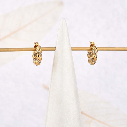 Clear Cubic Zirconia Twist Rope C-shape Stud Earrings, 430 Stainless Steel Half Hoop Earrings for Women