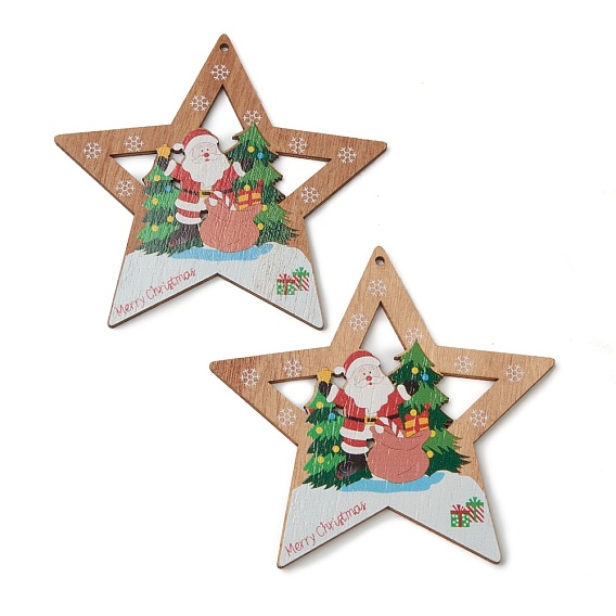 Tema navideño madera natural grandes colgantes, estrella con santa claus