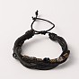 Adjustable Retro Multi-strand Bracelets, 6-strand Leather Cord Bracelets with Wood Beads, Antique Silver Tone Alloy Findings and Waxed Cord, Skull, 56mm