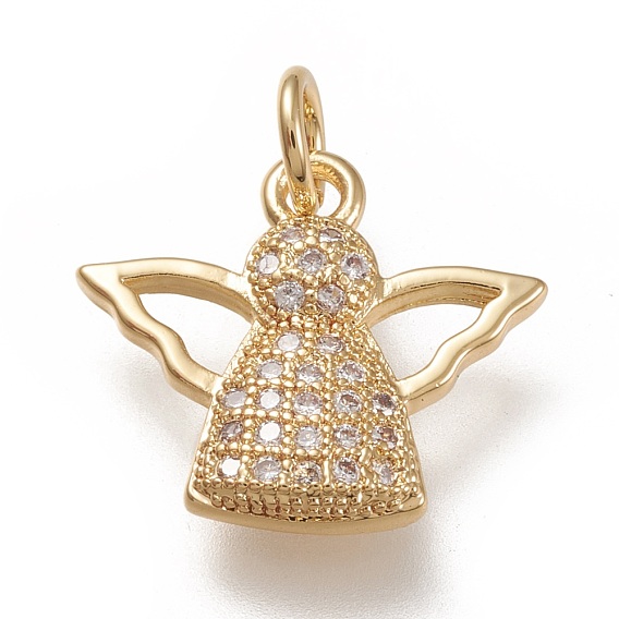 Brass Micro Pave Clear Cubic  Zirconia Pendants, with Jump Rings, Angel