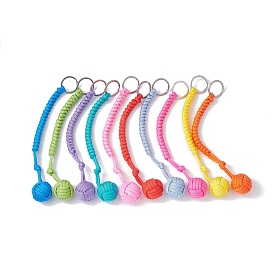 Polyester & Spandex Cord Ropes Braided Wood Ball Keychain, with 304 Stainless Steel Split Key Rings