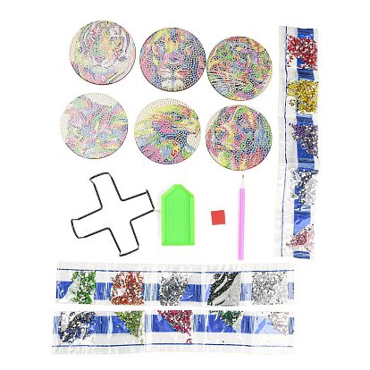 DIY Rainbow Animal Theme Diamond Painting Wood Cup Mat Kits, Including Coster Holder, Resin Rhinestones, Diamond Sticky Pen, Tray Plate & Glue Clay