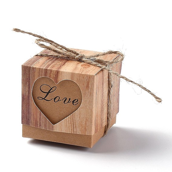Boîte en carton coeur en papier brun, avec une corde de chanvre, sacs d'emballage cadeau, pour cadeaux bonbons cookies, avec le mot amour