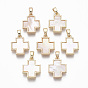 Brass Charms, with Freshwater Shell, Nickel Free, Real 18k Gold Plated, Cross
