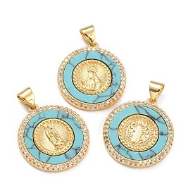 Brass Micro Pave Cubic Zirconia Pendants, with Gemstone, Real 18K Gold Plated, Flat Round with Ramdon Pattern