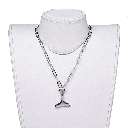 Whale Tail 304 Stainless Steel Pendant Necklaces, with Paperclip Chains, Cable Chains
