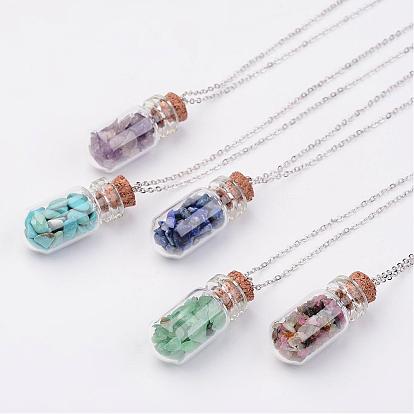 Glass Bottle Pendant Necklaces, with Gemstone Chip Beads and Brass Chain, Platinum