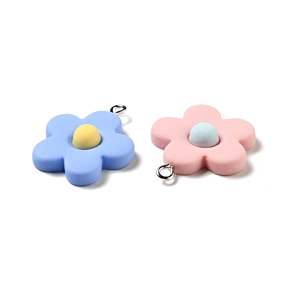Opaque Resin Pendants, with Platinum Tone Iron Loops, Five-Petal Flower Charm