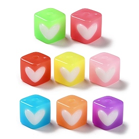 Two Tone Opaque Acrylic Beads, Imitation Jelly, Cube with heart