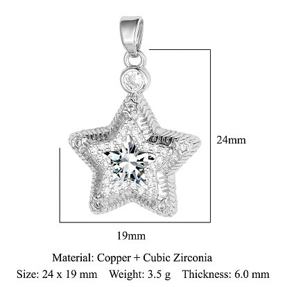 Brass Micro Pave Cubic Zirconia Pendants, Star Charms