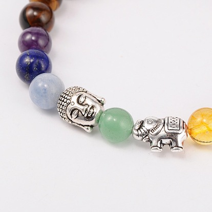 Étirer bijoux bouddhiste multicolores bracelets de pierres précieuses de chakra, avec des perles de style tibétain, argent antique, 55mm