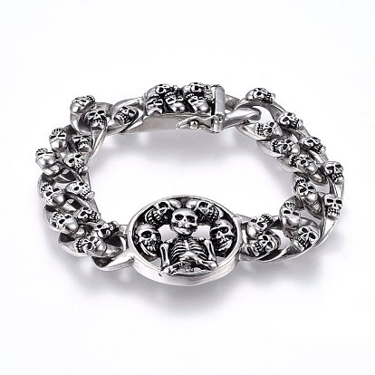 Retro 304 Stainless Steel Link Bracelets, with Twister Clasps, Flat Round with Skull