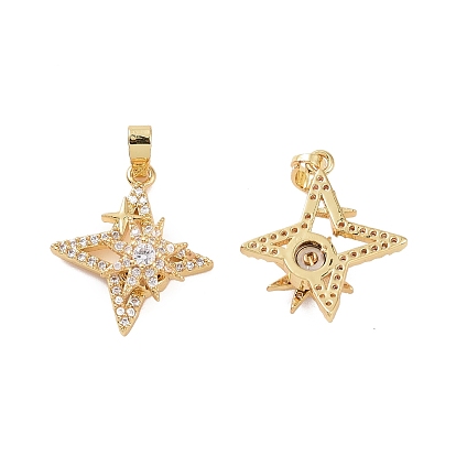 Rotatable Brass Micro Clear Pave Cubic Zirconia Pendants, Star Charms