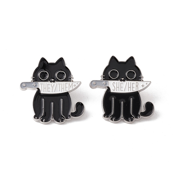 Cat with Knife Enamel Pin, Word Alloy Badge for Backpack Clothes, Platinum