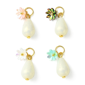 Acrylic Flower & ABS Plastic Imitation Pearl Pendant, with 304 Stainless Steel Jump Rings, Teardrop Charms