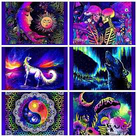 UV Reactive Blacklight Trippy Wall Hanging Tapestry, Hippie Plant Mushroom/Skull/Moon Sun Tapestry for Home Decoration, Rectangle