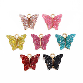 Resin Pendants, with Glitter Powder and Light Gold Plated Alloy Findings, Cadmium Free & Lead Free, Butterfly,