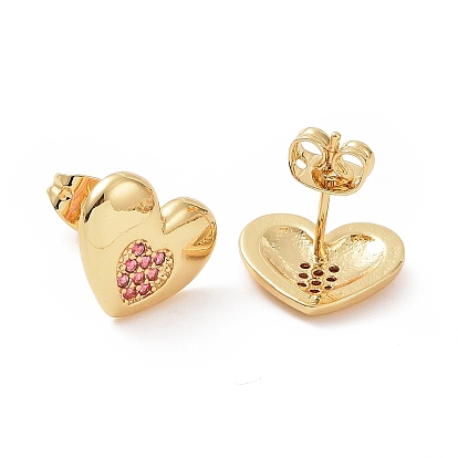 Pink Cubic Zirconia Heart Stud Earrings, Brass Jewelry for Women
