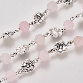 Chaînes de perles en quartz rose givré naturel fait à la main, non soudée, avec épingle à œil en fer et maillons de style tibétain, prunier