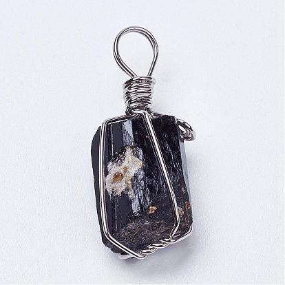 Natural Black Tourmaline Pendants, Nuggets, with Brass Finding