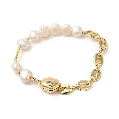Natural Pearl & Rhinestone Beaded Bracelets, with Brass Coffee Bean Chains and Magnetic Clasps