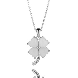 Natural Hetian White Jade Clover Pendant Necklace, 925 Sterling Silver Jewelry for Women