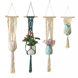 Baumwoll-Makramee-Pflanzenaufhänger, Holzhalter Boho-Stil hängende Pflanzkörbe, dekorativer Blumentopfhalter für die Wand