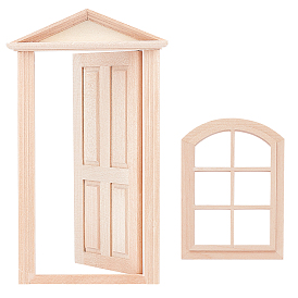 PandaHall Elite 2 Pcs 2 Style Natural Wood Home Decorations, Miniature Furniture Model, for Dollhouse Accessories Pretending Prop Decorations, Door & Window
