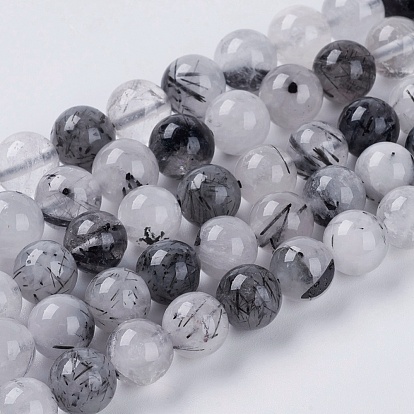 Naturel noir quartz rutile brins de perles, ronde