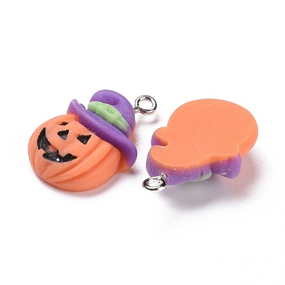 Halloween Opaque Resin Pendants, with Platinum Tone Iron Loops, Pumpkin with Purple Hat