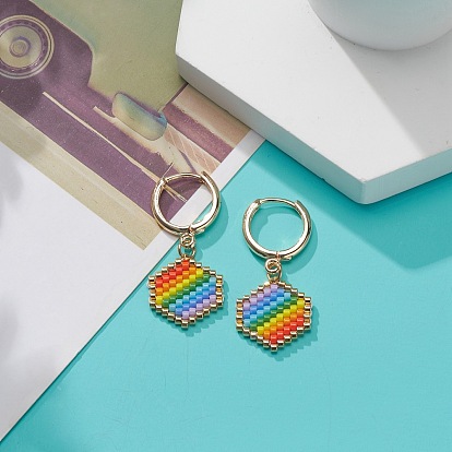 Rainbow Color Japanese Seed Braided Hexagon Dangle Hoop Earrings, Brass Jewelry for Women