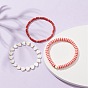 3Pcs 3 Style Polymer Clay Heishi & Natural Shell Heart & Seed Beaded Stretch Bracelets Set for Valentine's Day