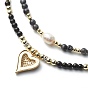 2Pcs 2 Style Alloy Enamel Heart Pendant Necklaces Set, Natural & Synthetic Mixed Gemstone & Pearl Beaded Stackable Necklaces for Women