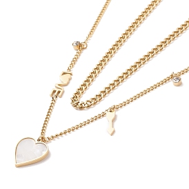 Colliers multicouches à double chaîne avec coeur en résine et breloques en strass cristal, placage ionique (ip) 304 bijoux en acier inoxydable pour femmes