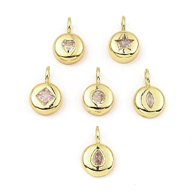 Rack Plating Real 18K Gold Plated Brass Pendants, with Cubic Zirconia, Long-Lasting Plated, Lead Free & Cadmium Free, Flat Round