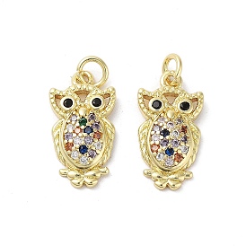 Rack Plating Owl Brass Micro Pave Cubic Zirconia Pendants, Cadmium Free & Lead Free, Long-Lasting Plated, Real 18K Gold Plated, with Jump Ring