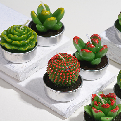 Cactus Paraffin Smokeless Candles, Artificial Succulents Decorative Candles, with Aluminium Containers, for Home Decoration