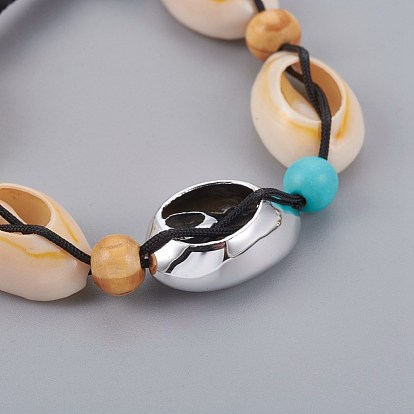 Bracelets réglables en nylon avec cordon de nylon, avec des perles de cauris et des perles de coquille de mer galvanisées, Perle en bois, turquoise synthétique
