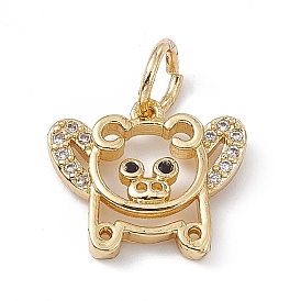 Rack Plating Brass Micro Pave Cubic Zirconia Charms, Cadmium Free & Lead Free, Long-Lasting Plated, with Jump Ring, Pig Charm