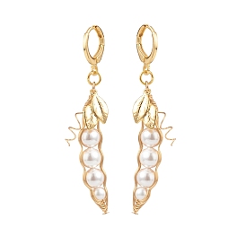 Shell Pearl Beaded Bean with Leaf  Long Dangle Leverback Earrings, Brass Wire Wrap Jewelry for Women