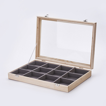 Cajas de presentación de pulsera de madera, con vidrio, 12 cajas de exhibición de brazaletes / brazaletes con tapa transparente, Rectángulo