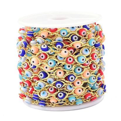 304 Stainless Steel & Evil Eye Glass Beads Link Chain, Long-Lasting Plated, Unwelded, with Spool