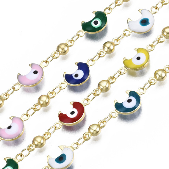 Brass Moon with Evil Eye Link Chains, with Enamel, Unwelded, Real 16K Gold Plated