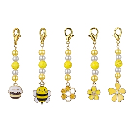 Golden Tone Alloy Enamel Pendant Decoration, with Glass Pearl Beads, Bees & Honeycomb