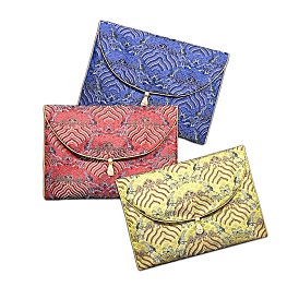 Chinese Style Brocade Drawstring Gift Blessing Bags, Landscape Print Envelope Jewelry Storage Pouches for Wedding Party Candy Packaging, Rectangle