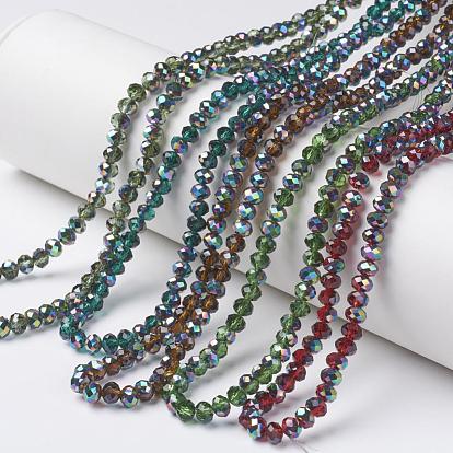 Electroplate Transparent Glass Beads Strands, Half Multi-color Plated, Faceted, Rondelle