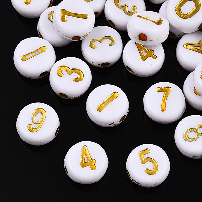 Plating Acrylic Beads, Golden Metal Enlaced, Flat Round with Number, White