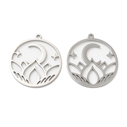 Ion Plating(IP) 304 Stainless Steel Pendants, Flat Round with Flower & Moon Charm