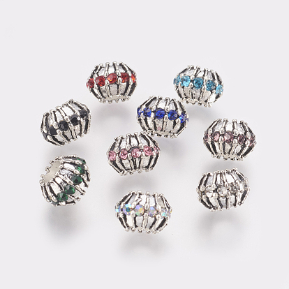 Antique Silver Plated Alloy European Beads, with Rhinestone, Large Hole Beads, Rondelle